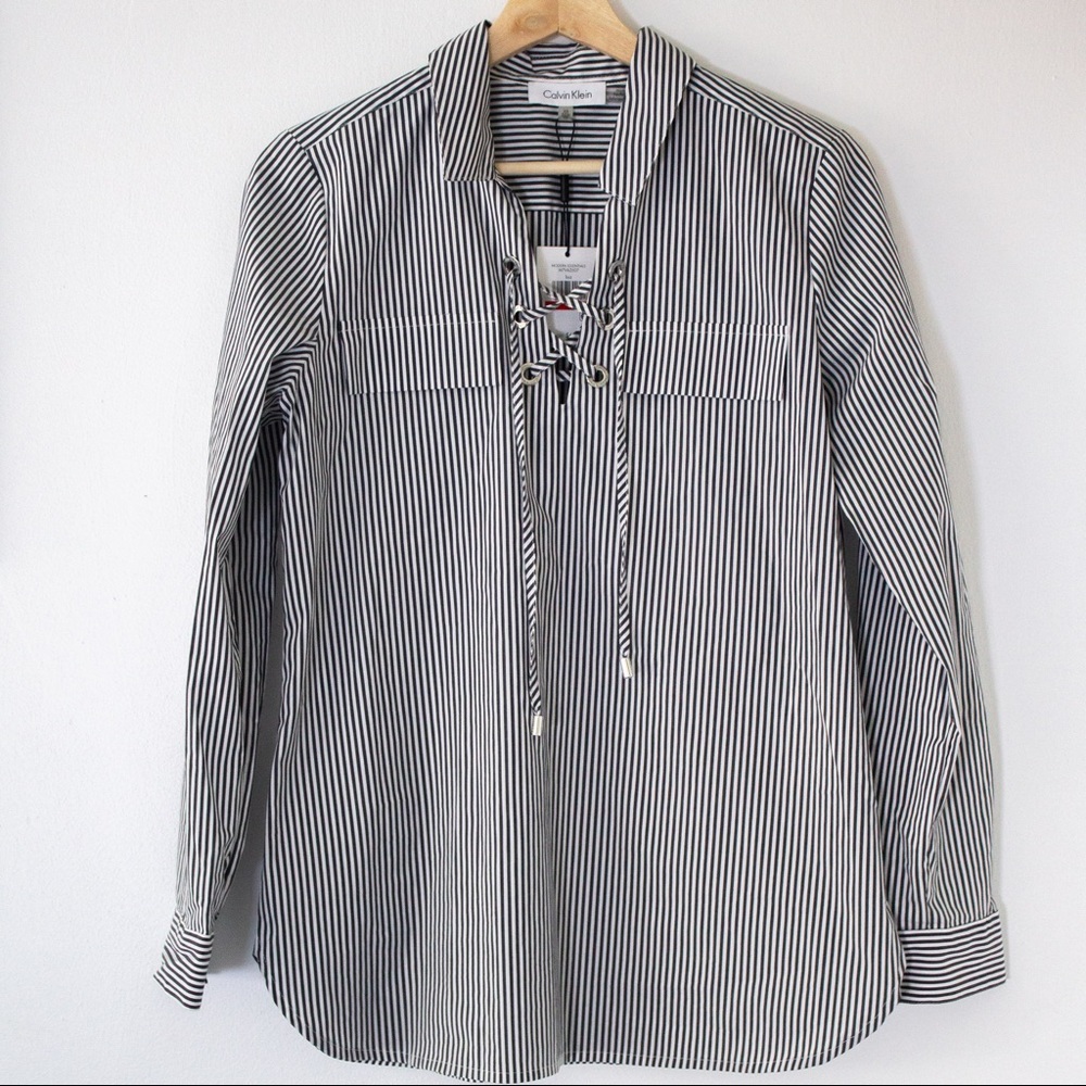 Calvin Klein Striped Lace-Up V-Neck Top